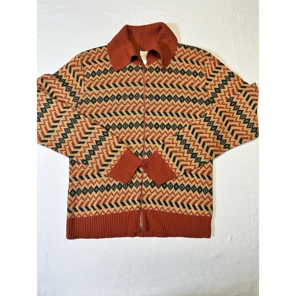 Vintage 70s Geometric Knit Wool Zip Cardigan Sweater Orange Black Chevron - Picture 1 of 7